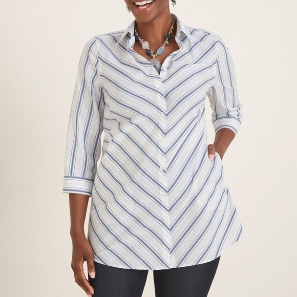 Chico's No Iron Stain Shield White Diagonal Stripe Button-Up Pocket Tunic Shirt - Picture 3 of 11